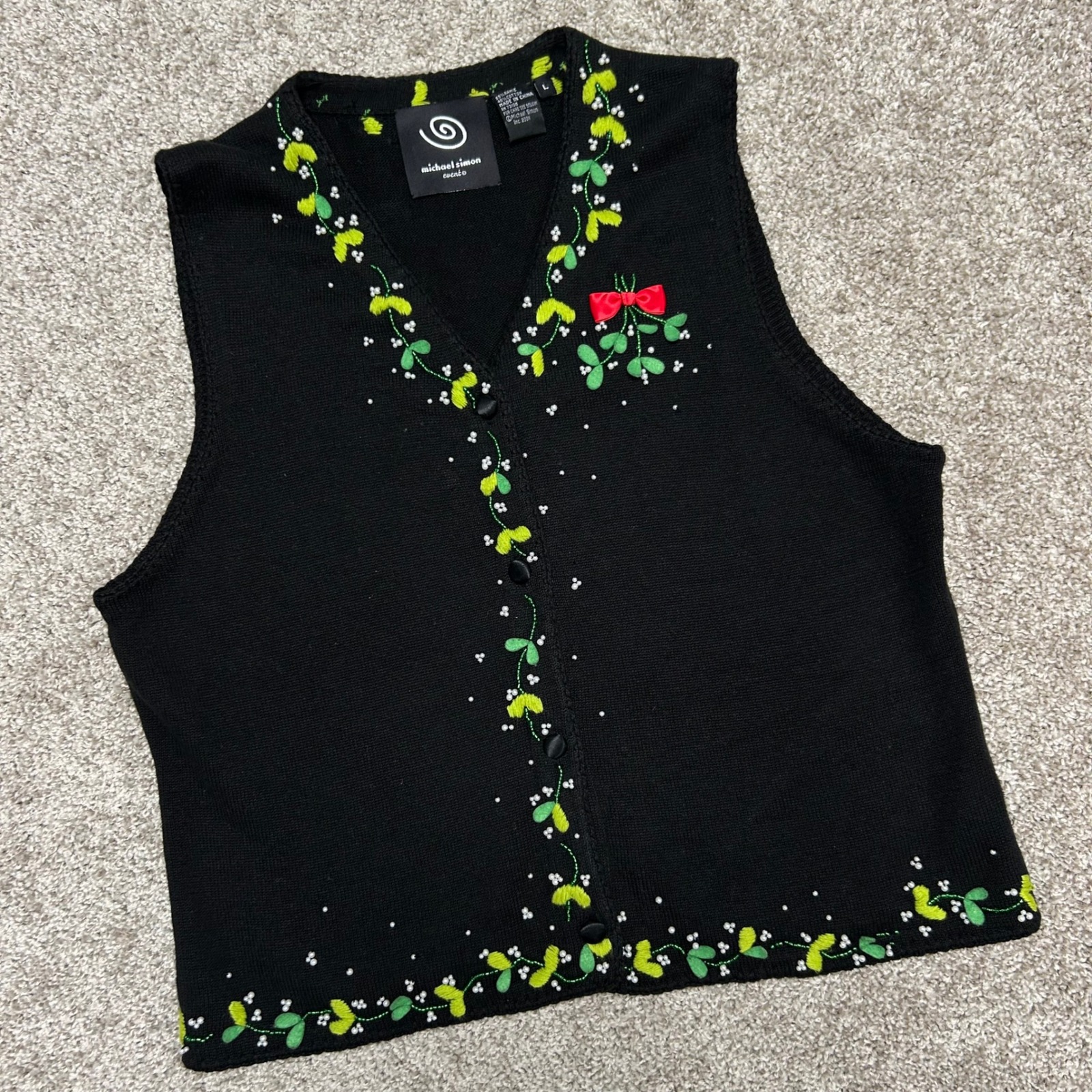 Vintage Michael Simon Event Sweater Vest Women Large 2001 Christmas Mistletoe